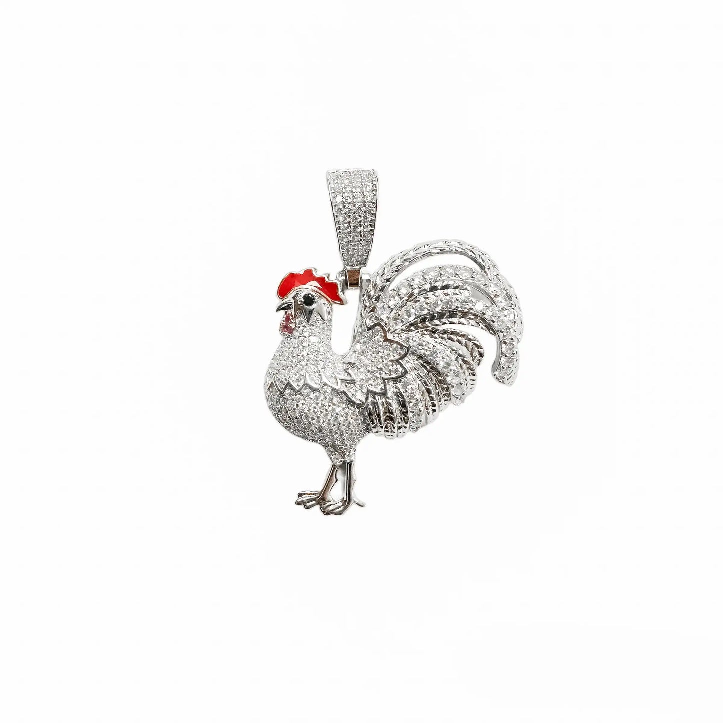925 Sterling Silver Rhodium Plated Rooster Clear CZ Red Enamel Pendant