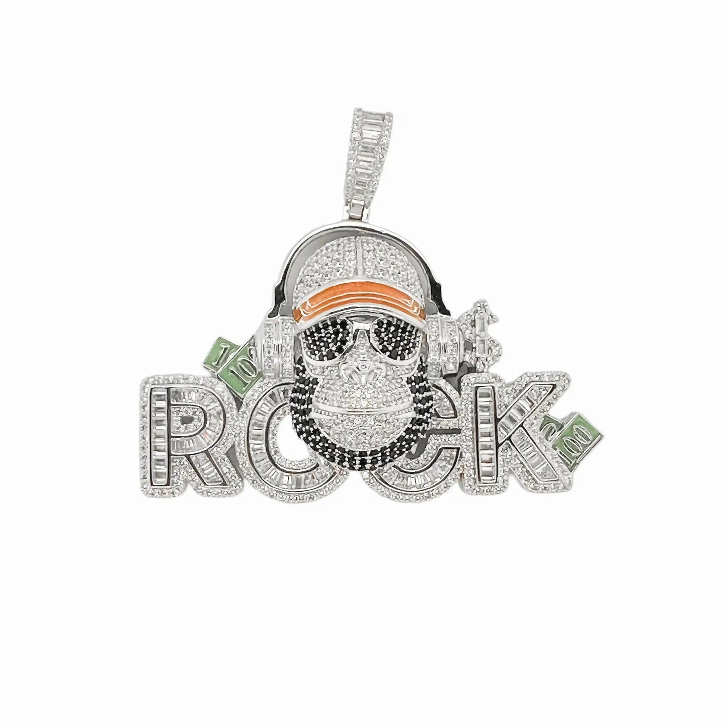 925 Sterling Silver Rhodium Plated Hip-Hop Rock Monkey Ape Enamel Green and Clear CZ Pendant
