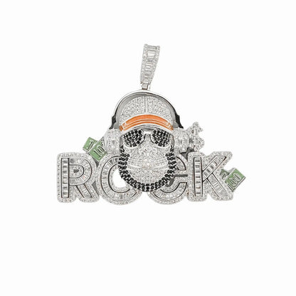 925 Sterling Silver Rhodium Plated Hip-Hop Rock Monkey Ape Enamel Green and Clear CZ Pendant