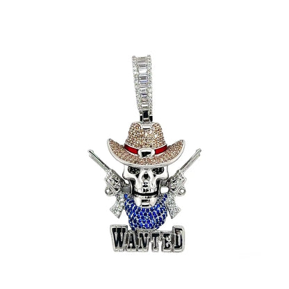 925 Sterling Silver Rhodium Plated Wild West Skull Guns Wanted Brown Clear Blue CZ Pendant