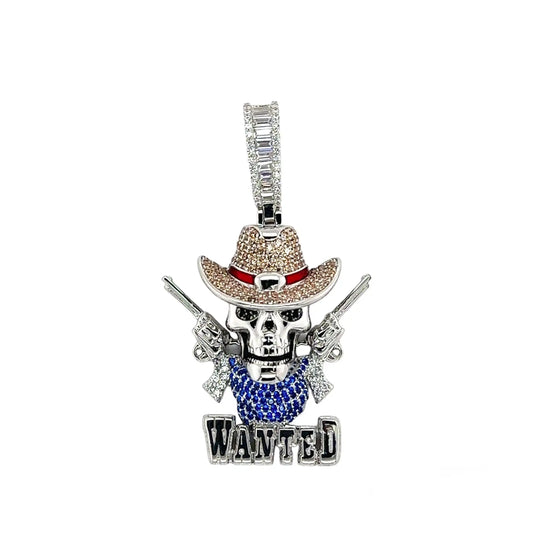 925 Sterling Silver Rhodium Plated Wild West Skull Guns Wanted Brown Clear Blue CZ Pendant