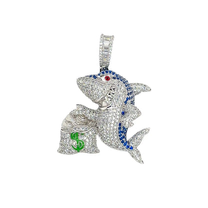 925 Sterling Silver Rhodium Plated Money Bag Shark Greed Clear and Blue CZ Pendant