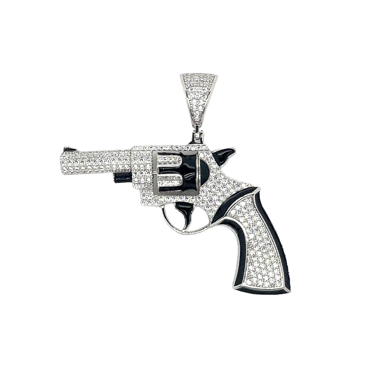 925 Sterling Silver Rhodium Plated Spinning Revolver Gun Clear CZ Black Enamel Pendant