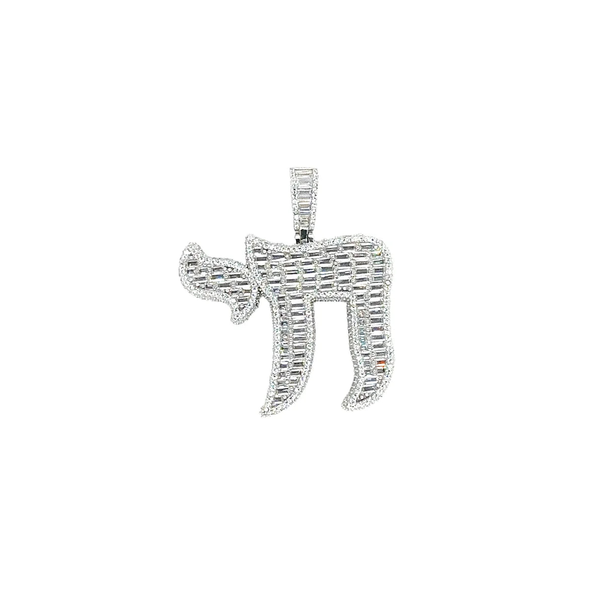 925 Sterling Silver Rhodium Plated Jewish Chain Baguette Clear CZ Pendant