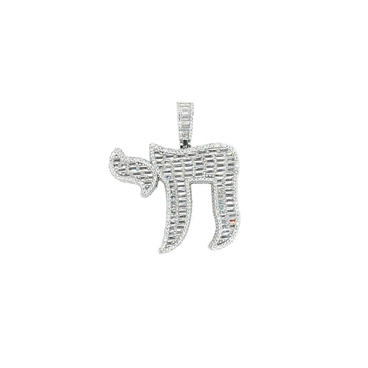 925 Sterling Silver Rhodium Plated Jewish Chain Baguette Clear CZ Pendant