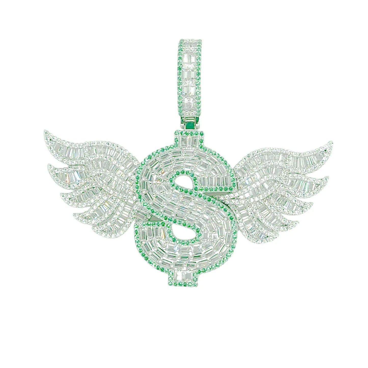 925 Sterling Silver Rhodium Plated Dollar Sign Wings Baguette Clear and Green CZ Pendant