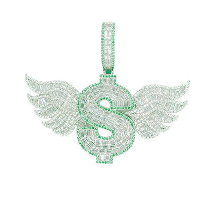 925 Sterling Silver Rhodium Plated Dollar Sign Wings Baguette Clear and Green CZ Pendant