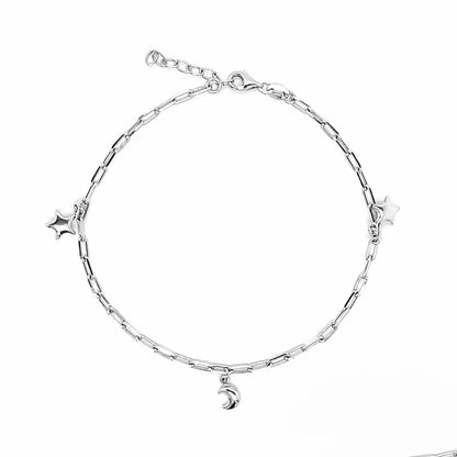 925 Sterling Silver Rhodium Plated Paperclip Chain Stars and Moon Charm Adjustable Anklet