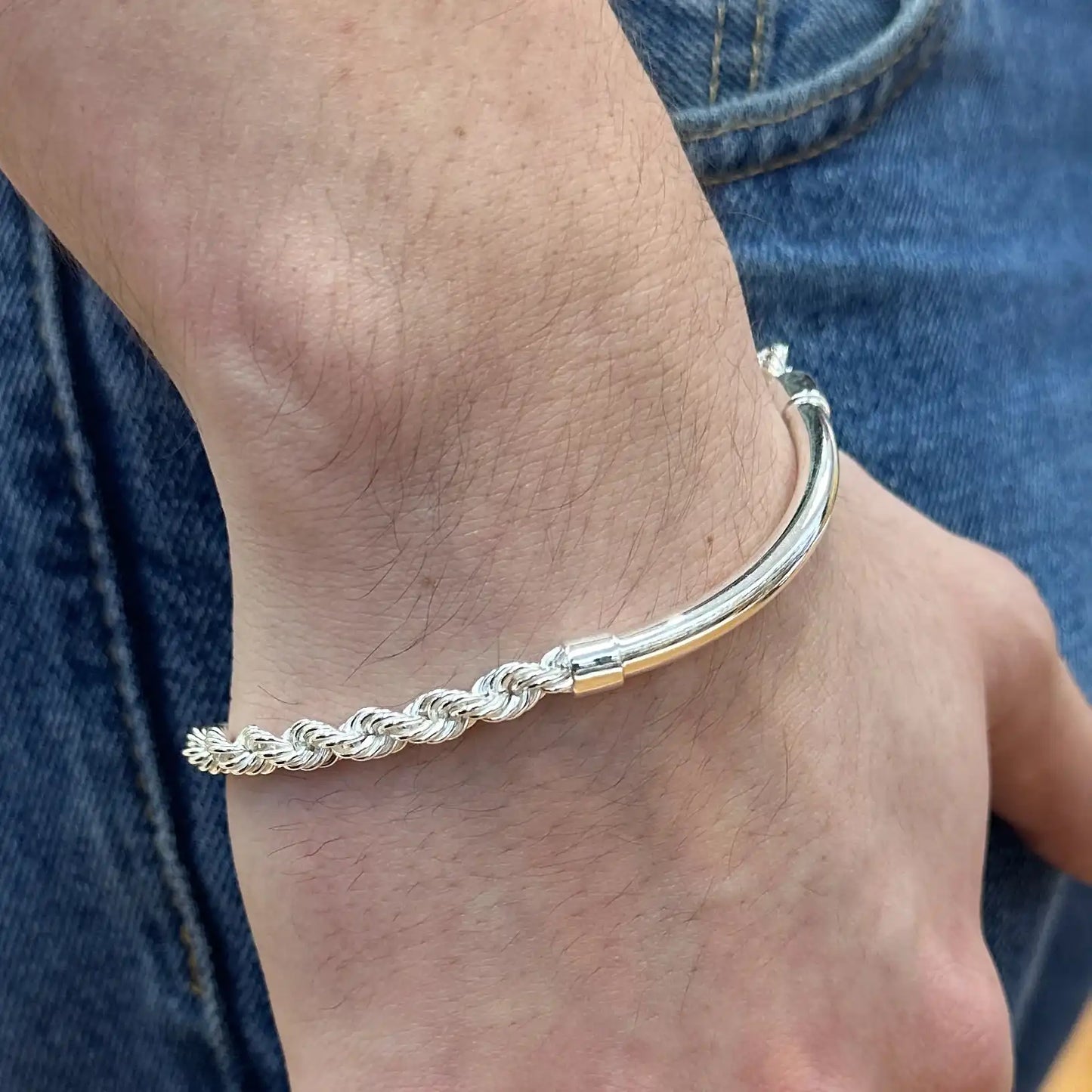 925 Sterling Silver Hollow Rope Round Bar 4mm Bracelet