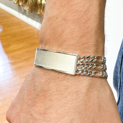 925 Sterling Silver Three Strand Figaro 11.7mm Textured ID Bracelet