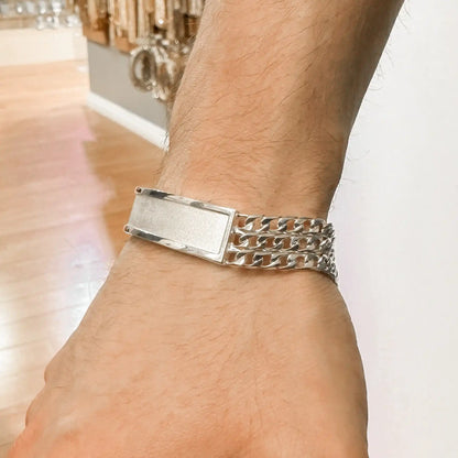 925 Sterling Silver Three Strand Curb 10.5mm Textured ID Bracelet