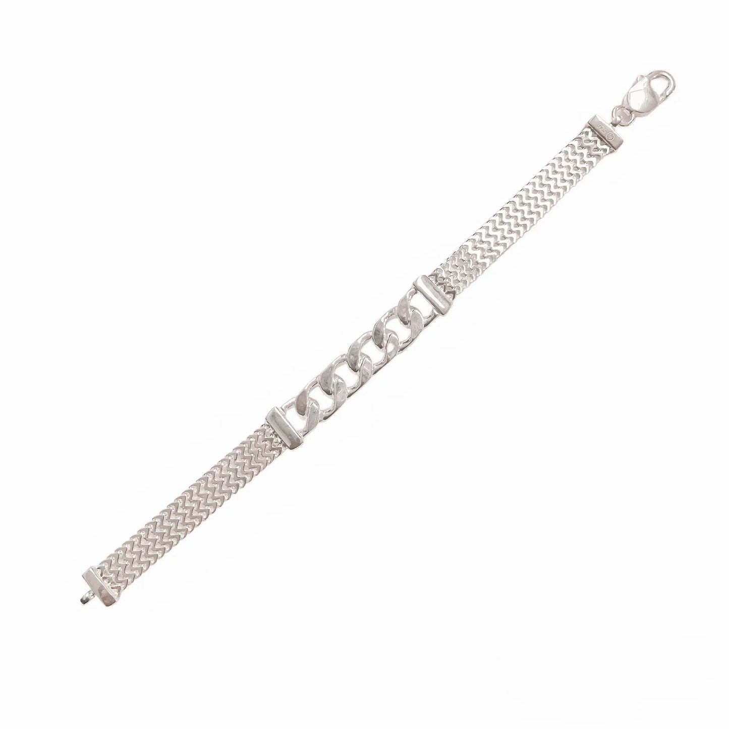 925 Sterling Silver Zig Zag Curb Center 9.1mm Bracelet