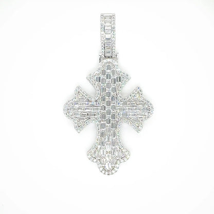 925 Sterling Silver Rhodium Plated 52.6mm Fleur De Lis Cross Baguette Cut Clear CZ Pendant