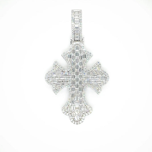 925 Sterling Silver Rhodium Plated 52.6mm Fleur De Lis Cross Baguette Cut Clear CZ Pendant