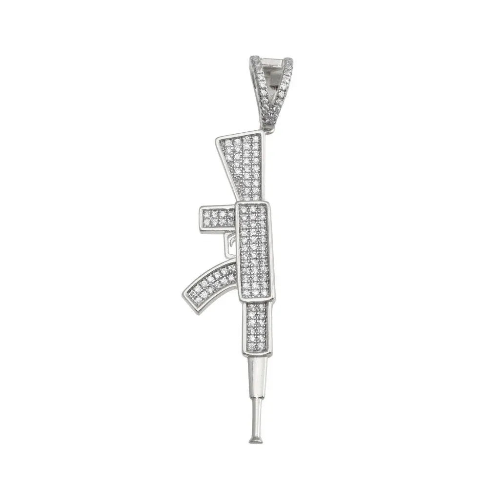 925 Sterling Silver Rhodium Plated CZ Gun Hip Hop Pendant