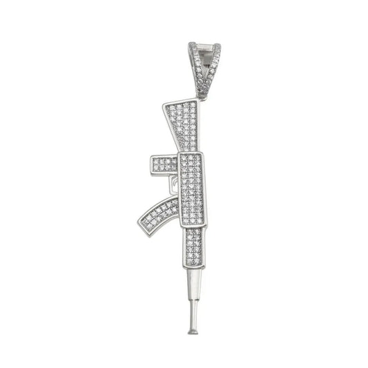925 Sterling Silver Rhodium Plated CZ Gun Hip Hop Pendant