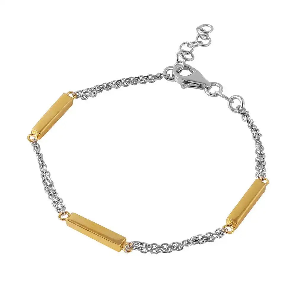 925 Sterling Silver Rhodium Plated Chain with 3 Gold Plated Bars Italian Bracelet