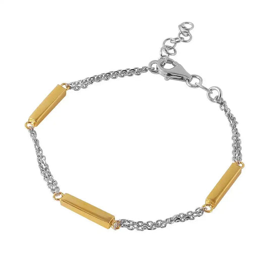 925 Sterling Silver Rhodium Plated Chain with 3 Gold Plated Bars Italian Bracelet