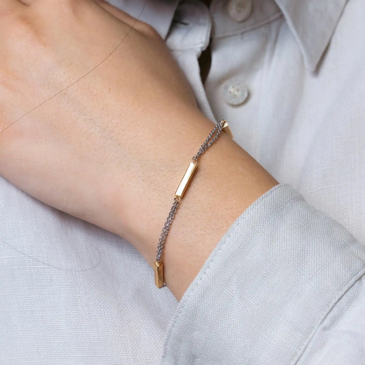 925 Sterling Silver Rhodium Plated Chain with 3 Gold Plated Bars Italian Bracelet