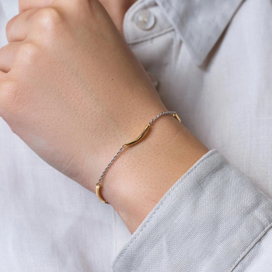 925 Silver Rhodium Plated Chain with Gold Plated Curved Accents Italian Bracelet