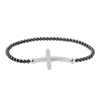 925 Silver Clearance-Black Rhodium Plated Beaded Italian Bracelet with CZ Encrusted Cross