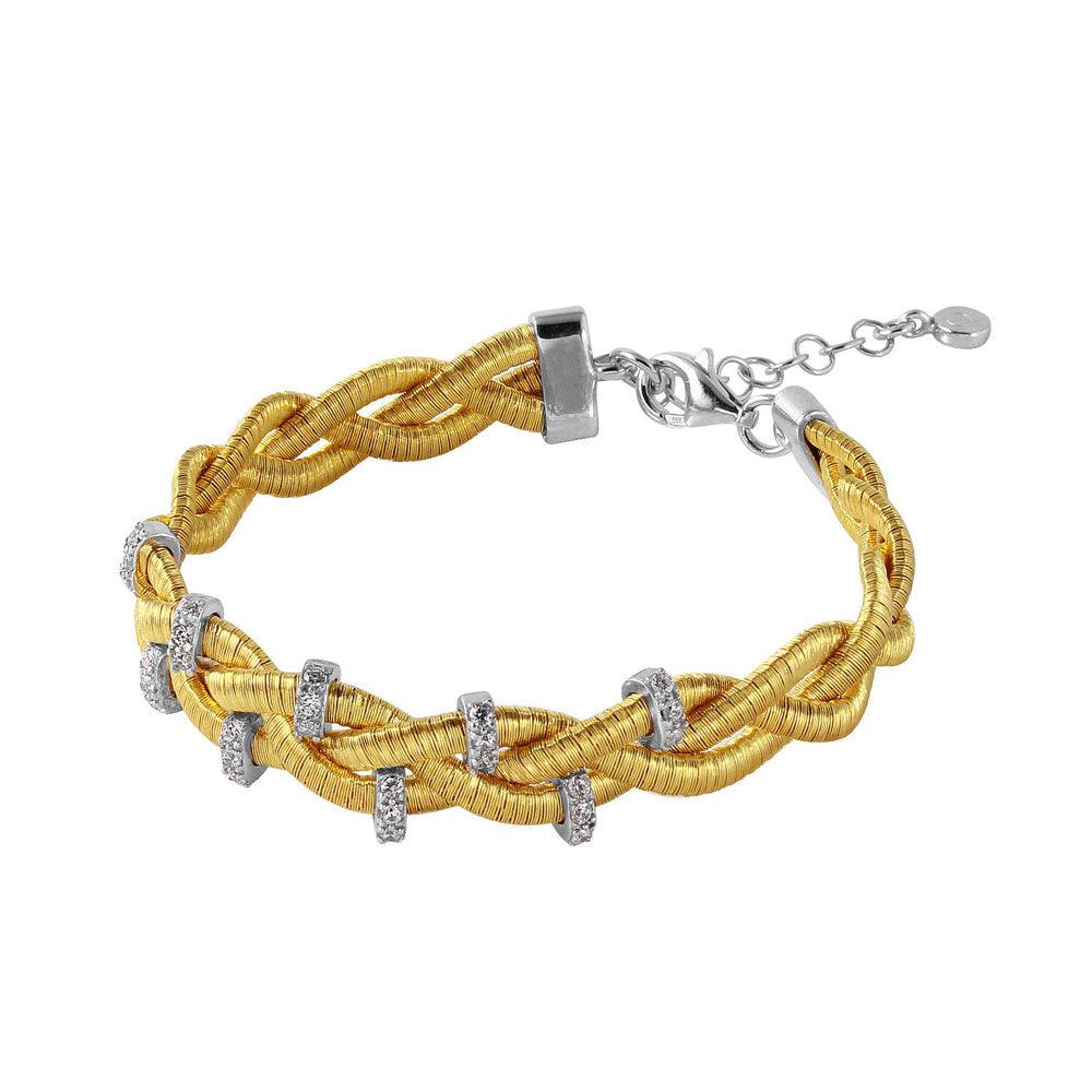 925 Silver Gold Plated Braided Italian Bracelet with Small CZ Bar Accents