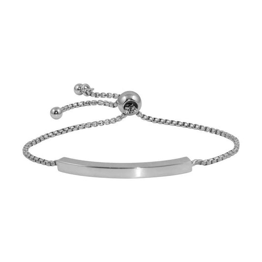 925 Sterling Silver Rhodium Plated Round Box Chain ID Bar Bracelet