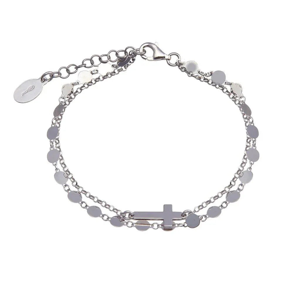 925 Sterling Silver Rhodium Plated Disc Cross Link Chain Bracelet