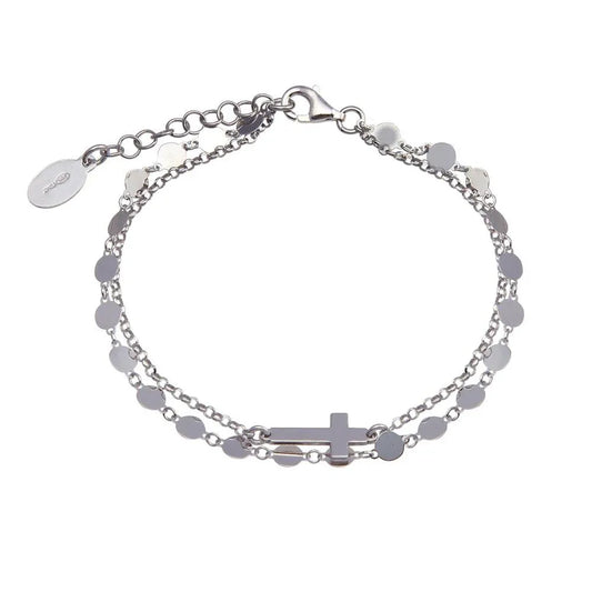 925 Sterling Silver Rhodium Plated Disc Cross Link Chain Bracelet
