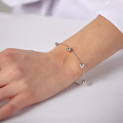 925 Sterling Silver Rhodium Plated 5 Bead Charm Bead Link Chain Bracelet