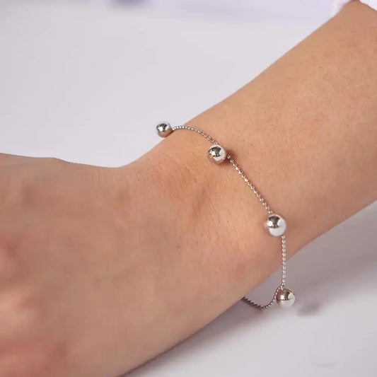 925 Sterling Silver Rhodium Plated 5 Bead Charm Bead Link Chain Bracelet