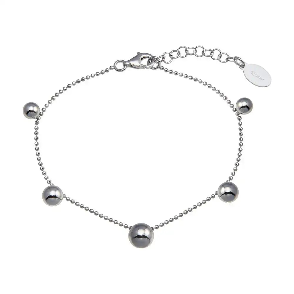 925 Sterling Silver Rhodium Plated 5 Bead Charm Bead Link Chain Bracelet