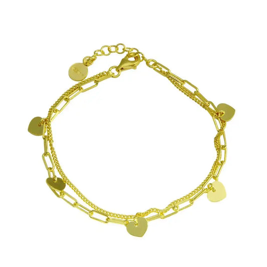 925 Sterling Silver Gold Plated 5 Hearts Chain Bracelet