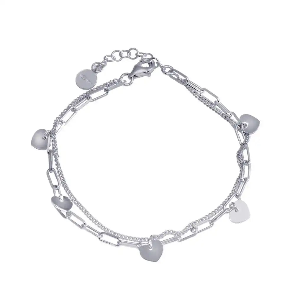 925 Sterling Silver Rhodium Plated 5 Hearts Chain Bracelet