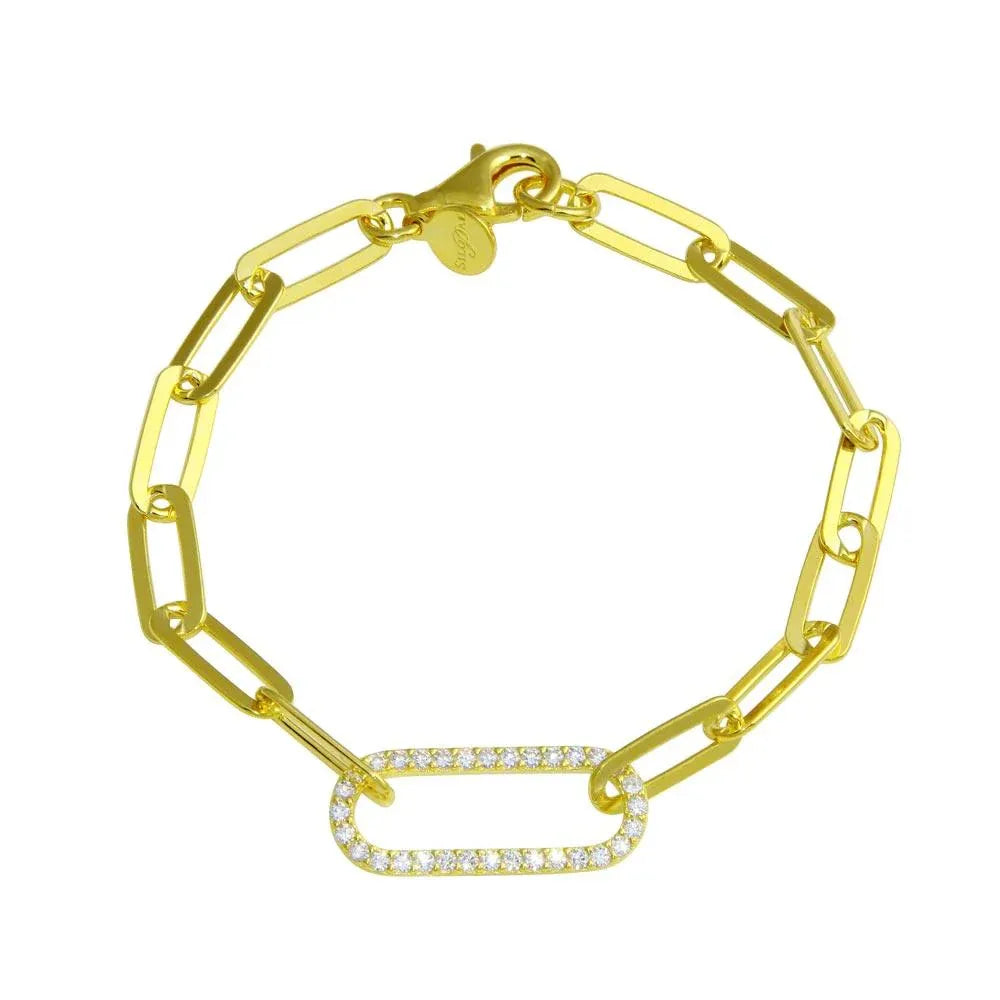 925 Sterling Silver Gold Plated Paperclip CZ Chain Bracelet