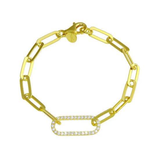 925 Sterling Silver Gold Plated Paperclip CZ Chain Bracelet