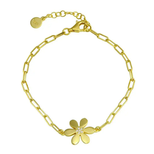 925 Sterling Silver Gold Plated Paperclip Flower CZ Chain Bracelet