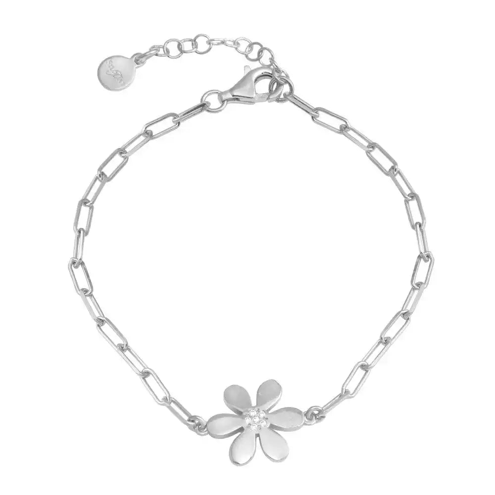 925 Sterling Silver Rhodium Plated Paperclip Flower CZ Chain Bracelet