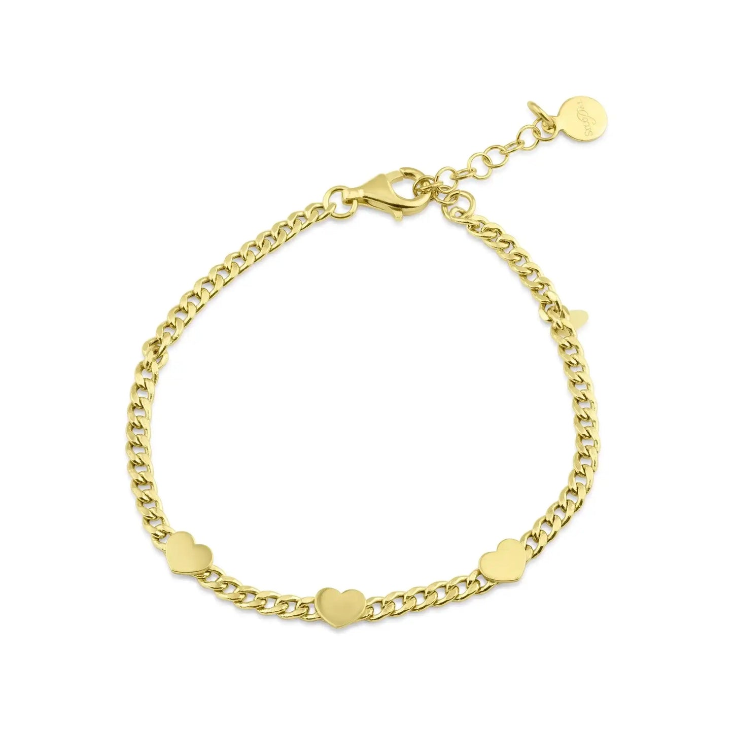 925 Sterling Silver Gold Plated 3 Hearts Charm Adjustable Curb Chain Bracelet
