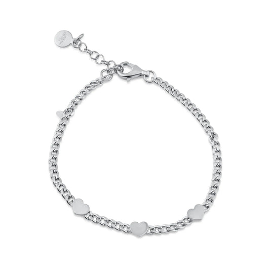 925 Sterling Silver Rhodium Plated 3 Hearts Charm Adjustable Curb Chain Bracelet