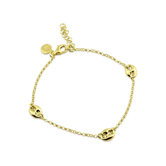 925 Sterling Silver Gold Plated Puffed Mariner Charm Lariat Bracelet