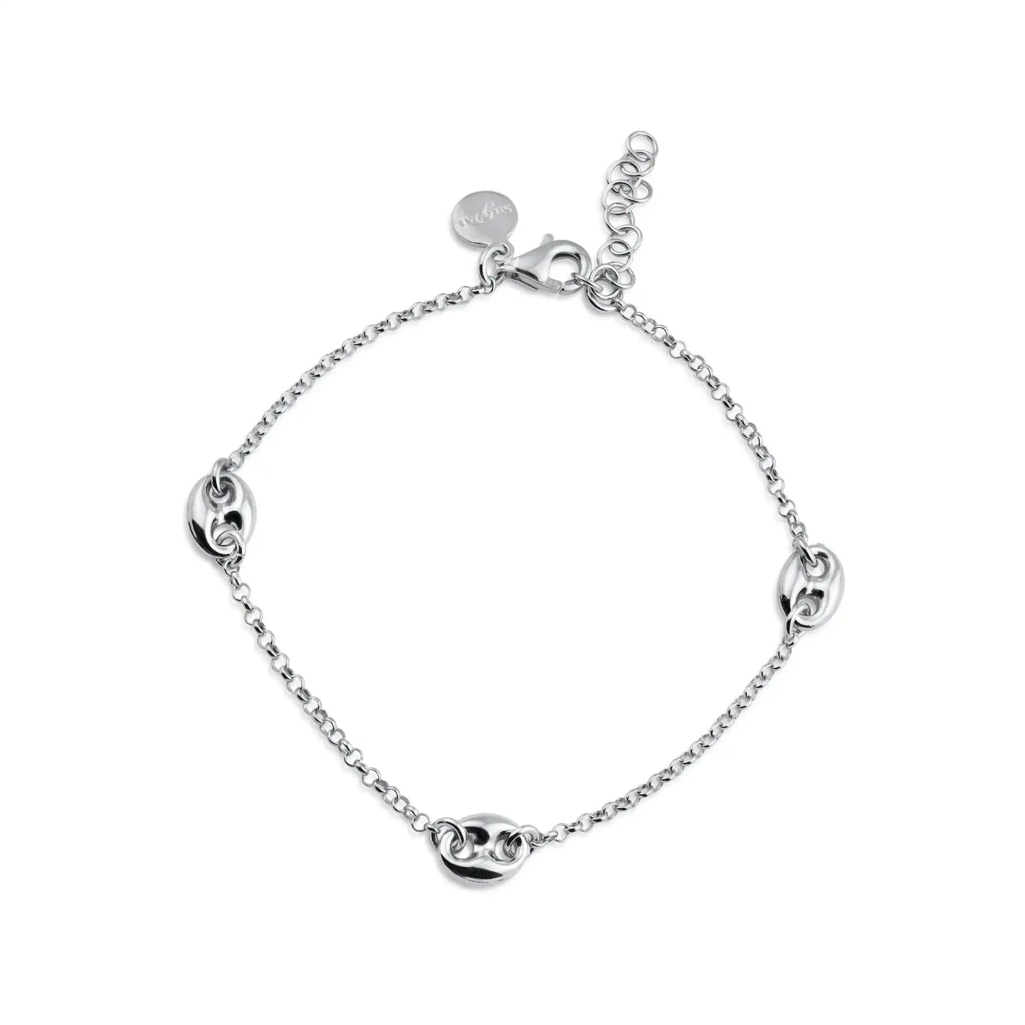 925 Sterling Silver Rhodium Plated Puffed Mariner Charm Adjustable Bracelet