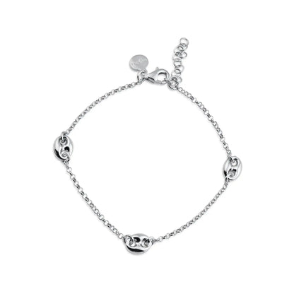 925 Sterling Silver Rhodium Plated Puffed Mariner Charm Adjustable Bracelet