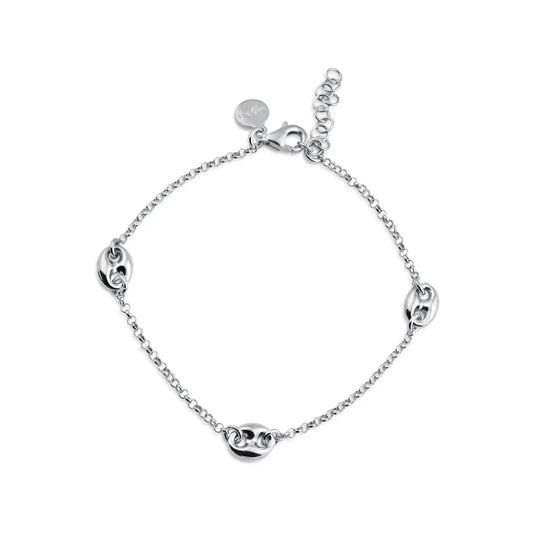925 Sterling Silver Rhodium Plated Puffed Mariner Charm Adjustable Bracelet