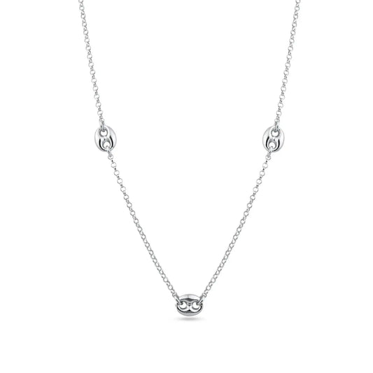 925 Sterling Silver Rhodium Plated Puffed Mariner Charm Double Strand Curb and Paperclip Adjustable Bracelet