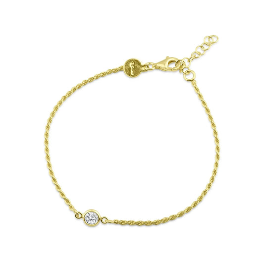 925 Sterling Silver Gold Plated Rope Clear CZ Adjustable Bracelet