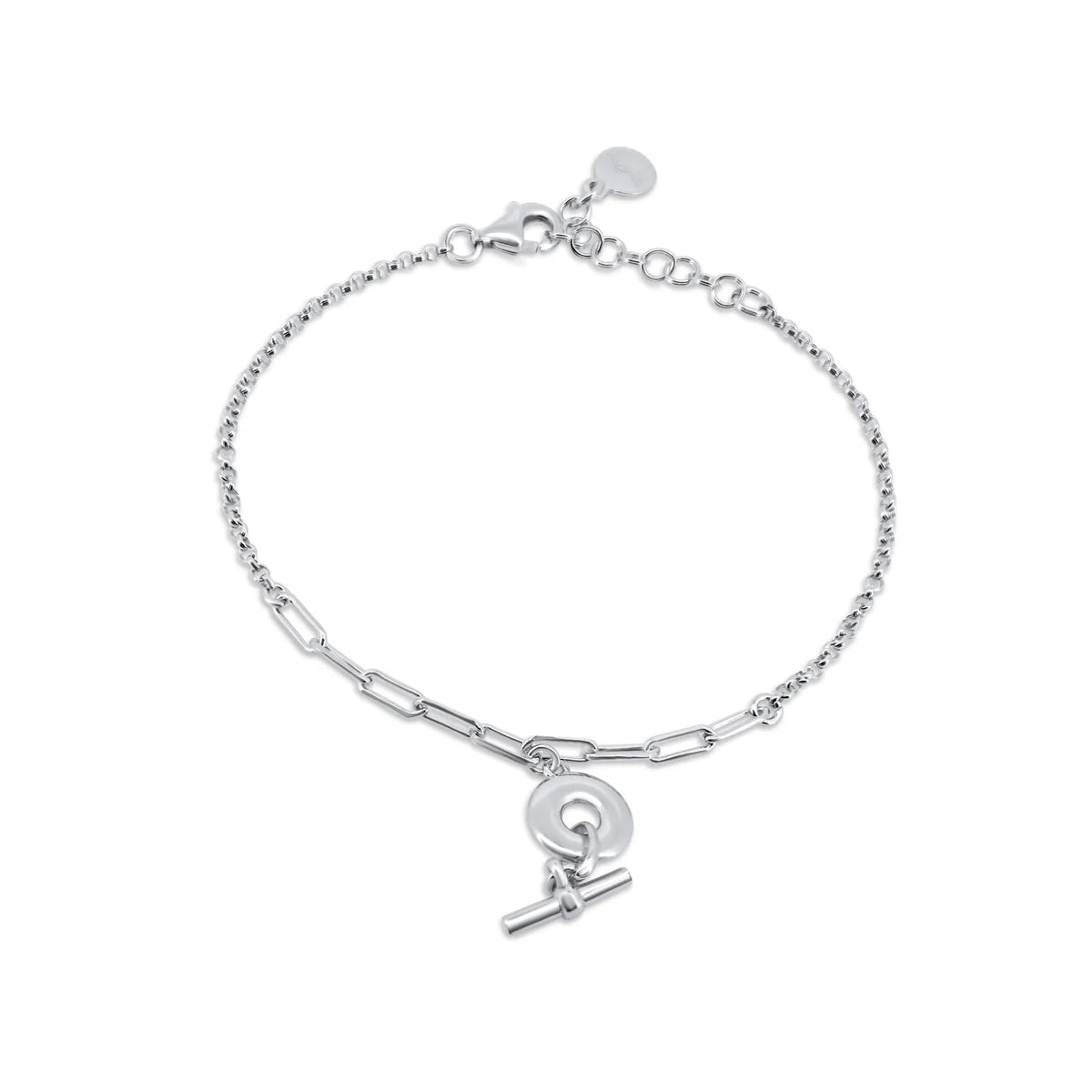 925 Sterling Silver Rhodium Plated Rolo Paperclip Donut Bar Adjustable Bracelet