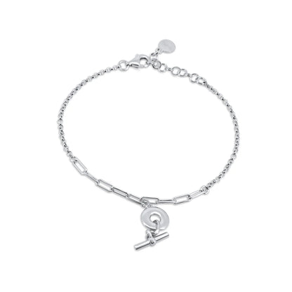 925 Sterling Silver Rhodium Plated Rolo Paperclip Donut Bar Adjustable Bracelet