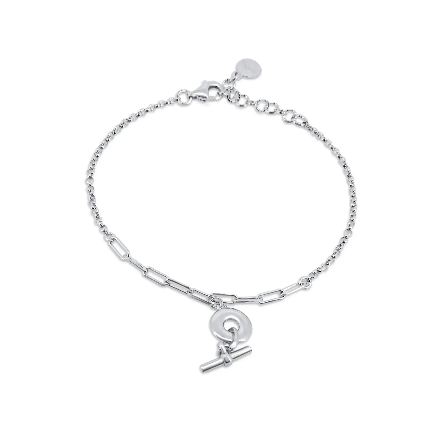 925 Sterling Silver Rhodium Plated Rolo Donut Bar Adjustable Bracelet