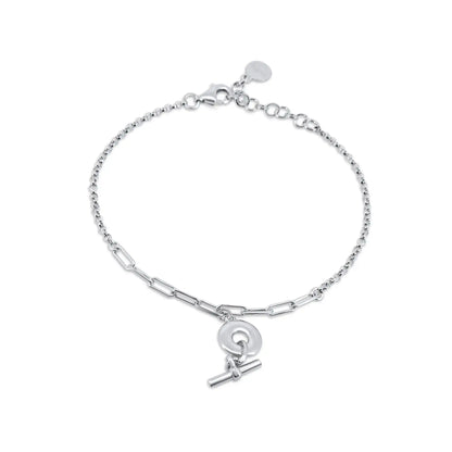 925 Sterling Silver Rhodium Plated Rolo Donut Bar Adjustable Bracelet